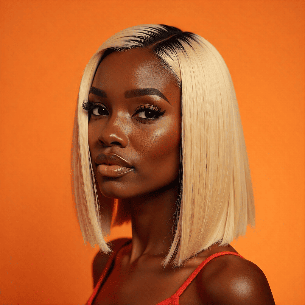 a beautiful melanin queen with blonde short bob wig