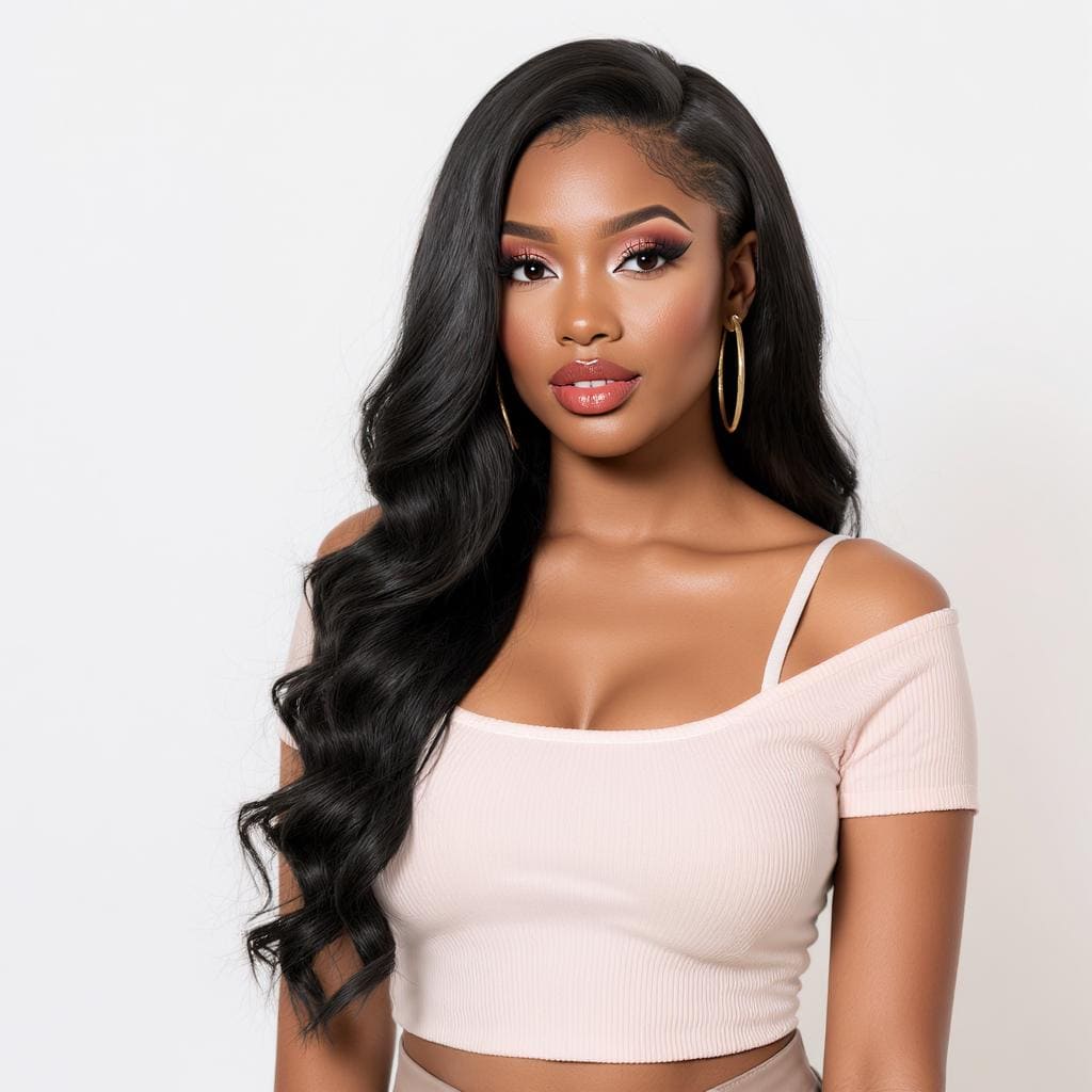 a beautiful melanin queen with black wave peach wig