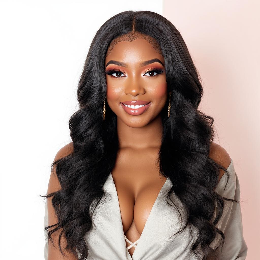 a beautiful melanin queen with black wave peach wig